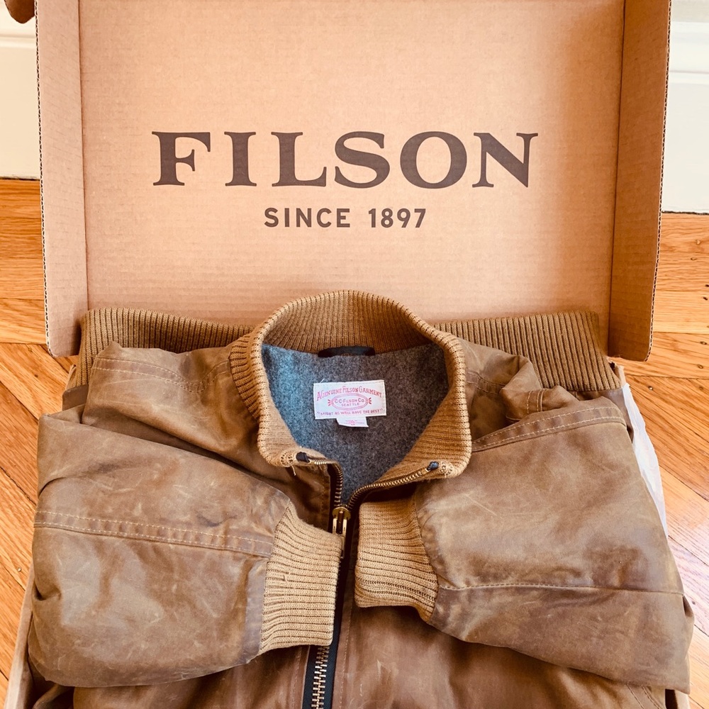 RARE Filson Tin Cloth Bomber Jacket Tan Wool Lined